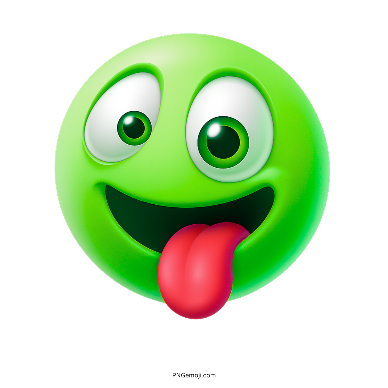 Green silly emoji with tongue out, goofy eyes, and playful comic face