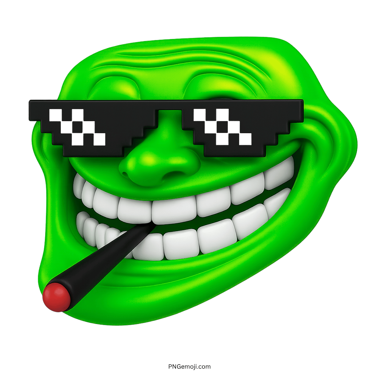 Green troll face emoji with pixelated shades and smoking stick in mouth