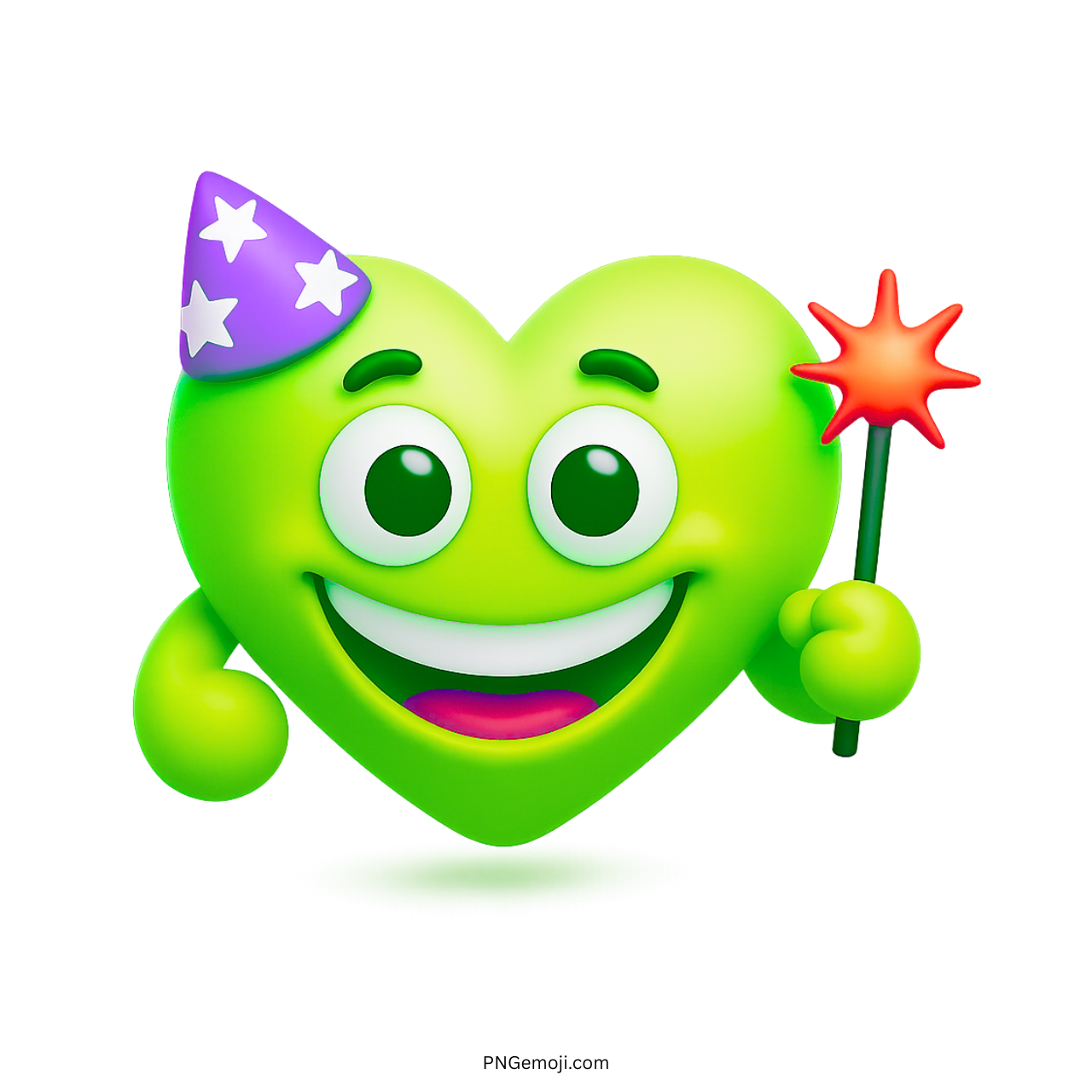Green heart emoji with party hat and holding a magic wand smiling brightly