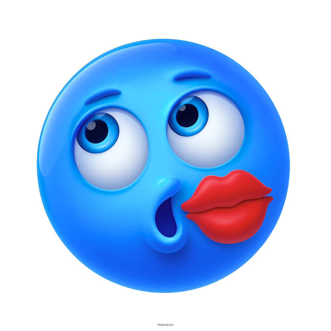 3D blue kissed smiley emoji with red lips on cheek cartoon style