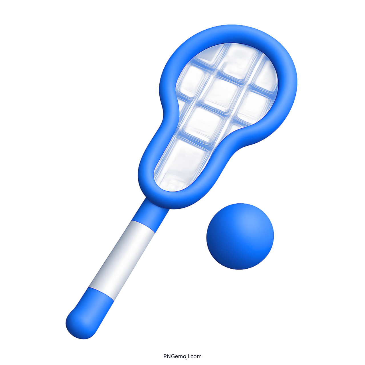 Blue lacrosse stick with net and ball illustration emoji, sports equipment design.