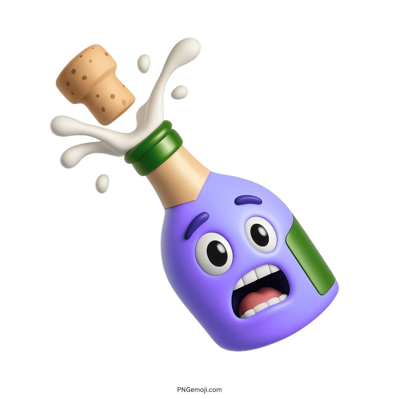 Lavender champagne bottle emoji popping with surprised cartoon face and bubbly splash