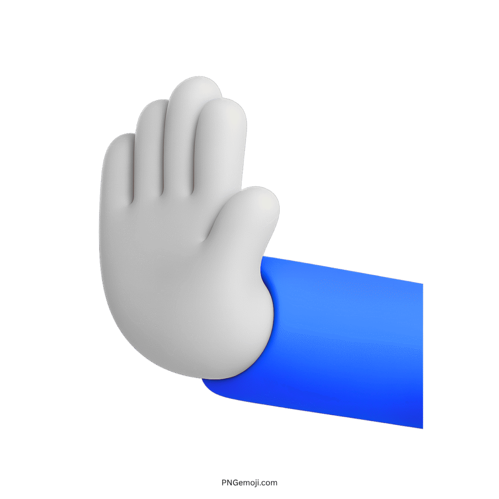 3D leftwards pushing hand emoji with a blue sleeve, soft textures, and clear detail.