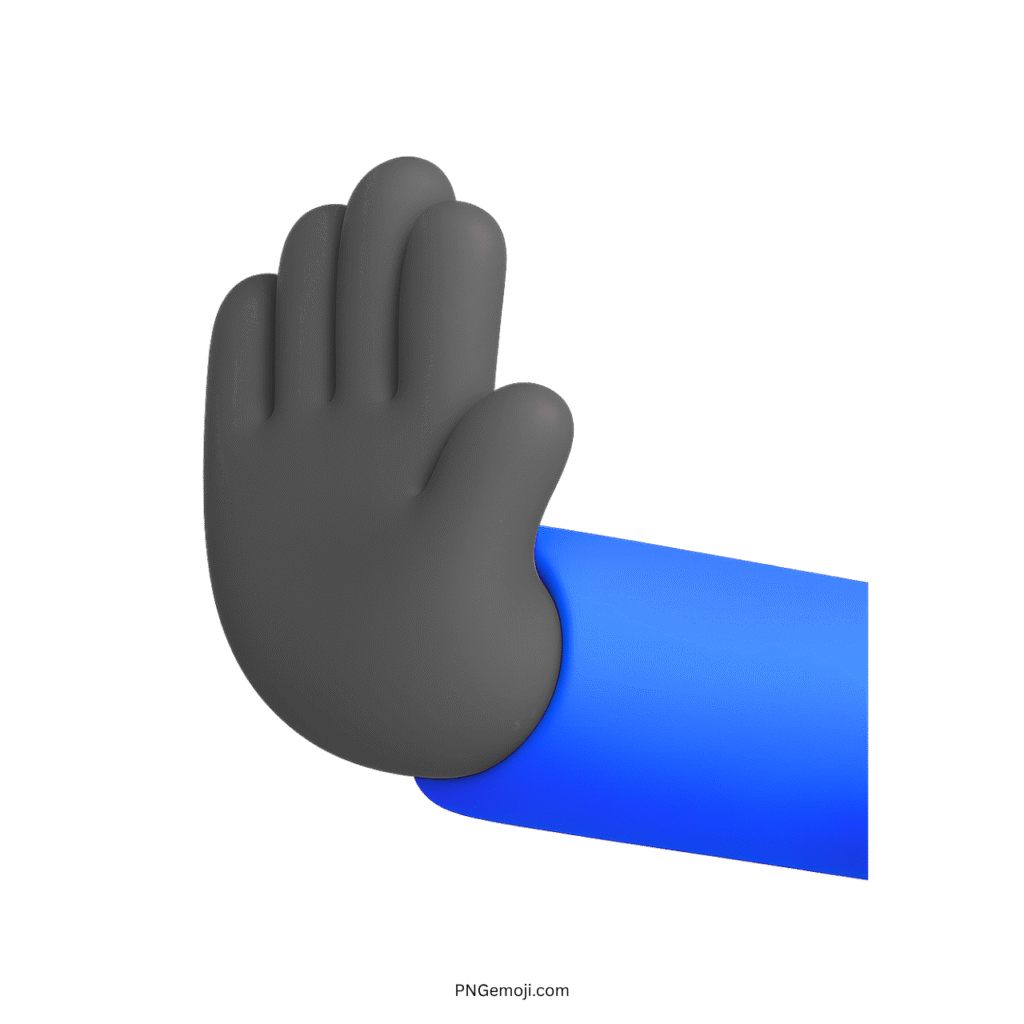 Black leftwards pushing hand emoji, animated 3D style with blue sleeve.