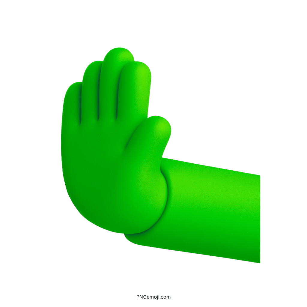 3D leftwards pushing hand emoji with a green hand and blue sleeve.