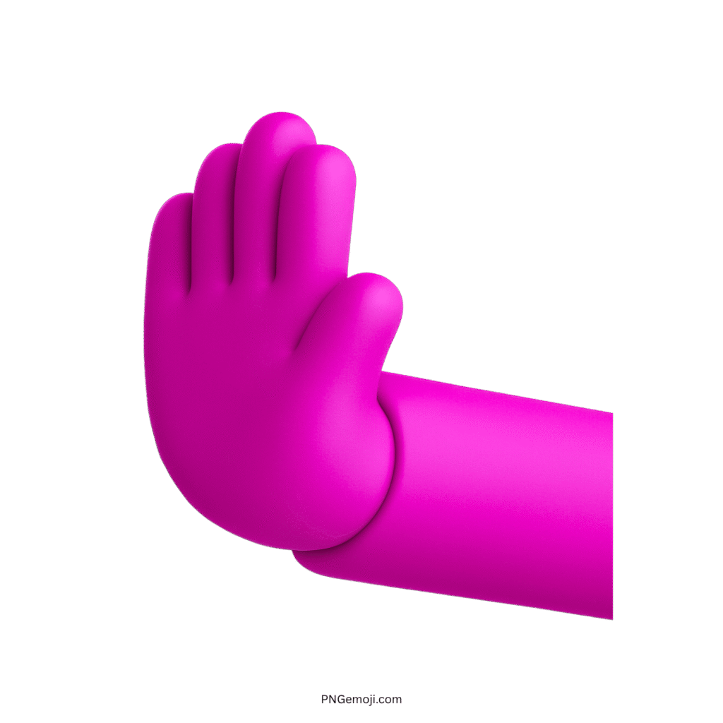 3D leftwards pushing hand emoji with a magenta hand and blue sleeve.