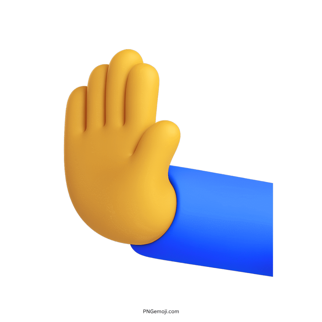 3D leftwards pushing hand emoji with yellow skin tone, blue sleeve, and clear details.