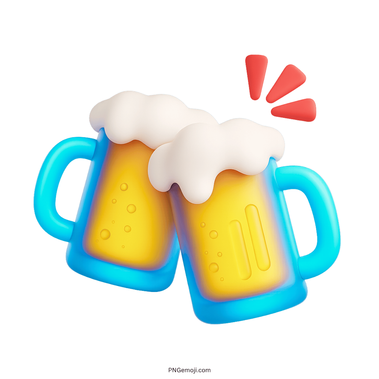 3D light blue beer mugs clinking emoji with foamy tops and celebration sparks