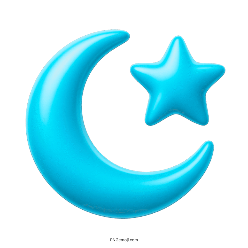 Light blue 3D crescent moon and star Islamic emoji with modern soft glow