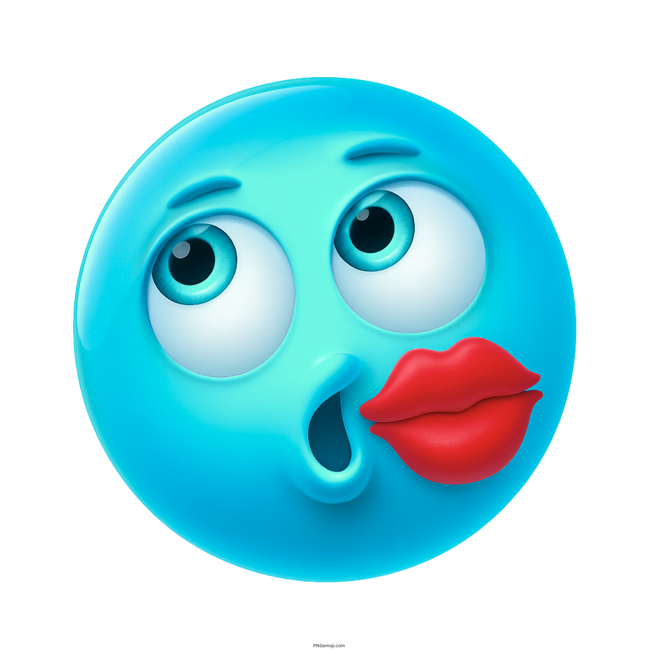 Light blue 3D emoji with surprised expression and lipstick kiss on cheek