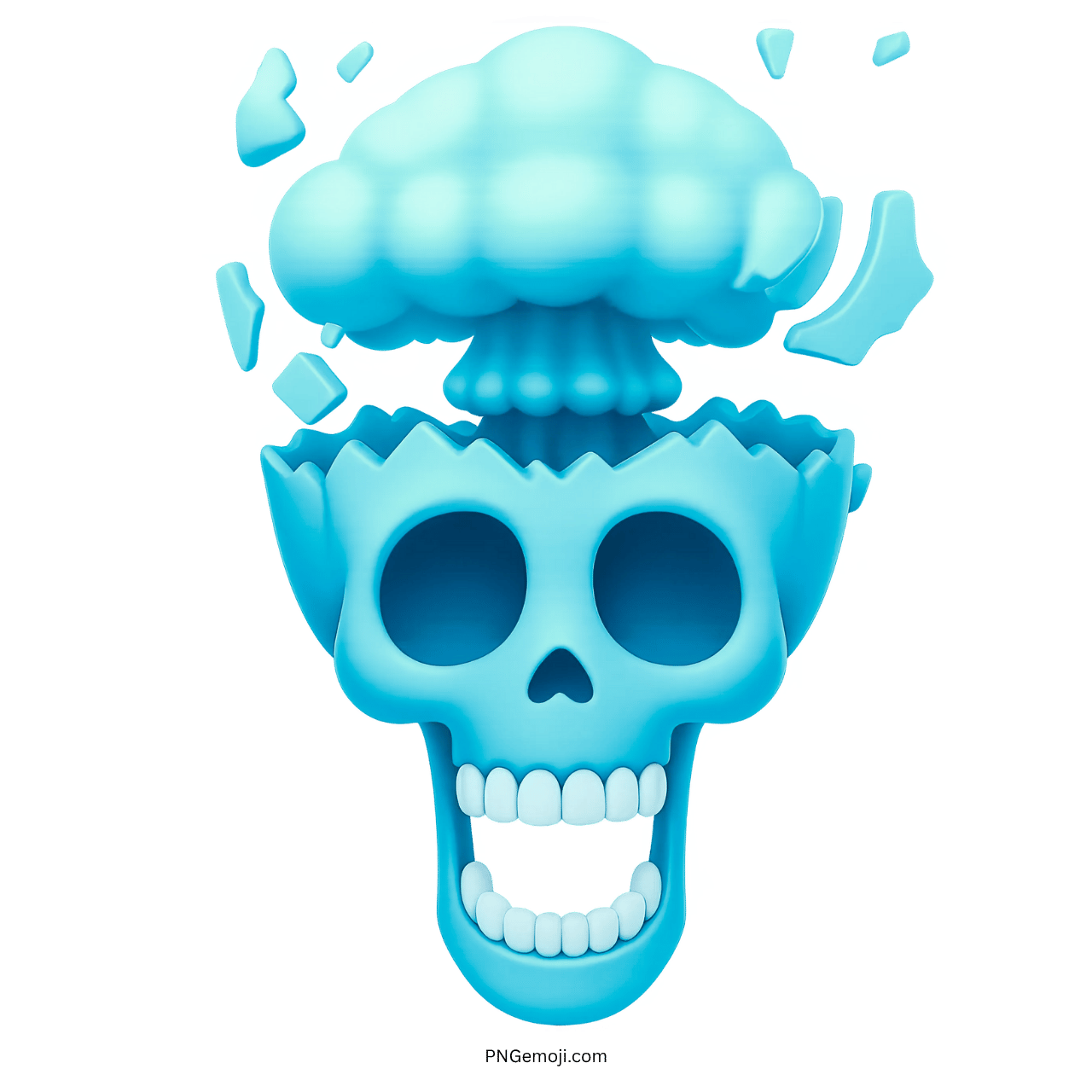 Light blue mewing skull emoji with exploding head and cartoon mushroom cloud design