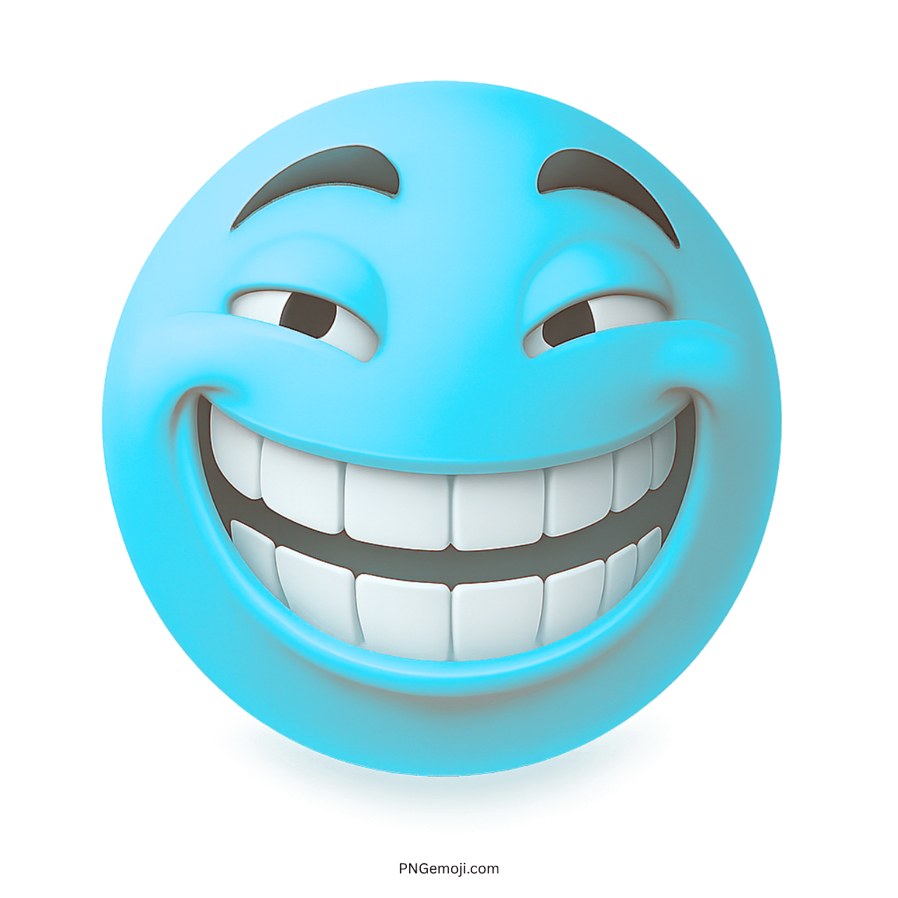 Light blue troll face emoji with big mischievous grin and confident raised eyebrows