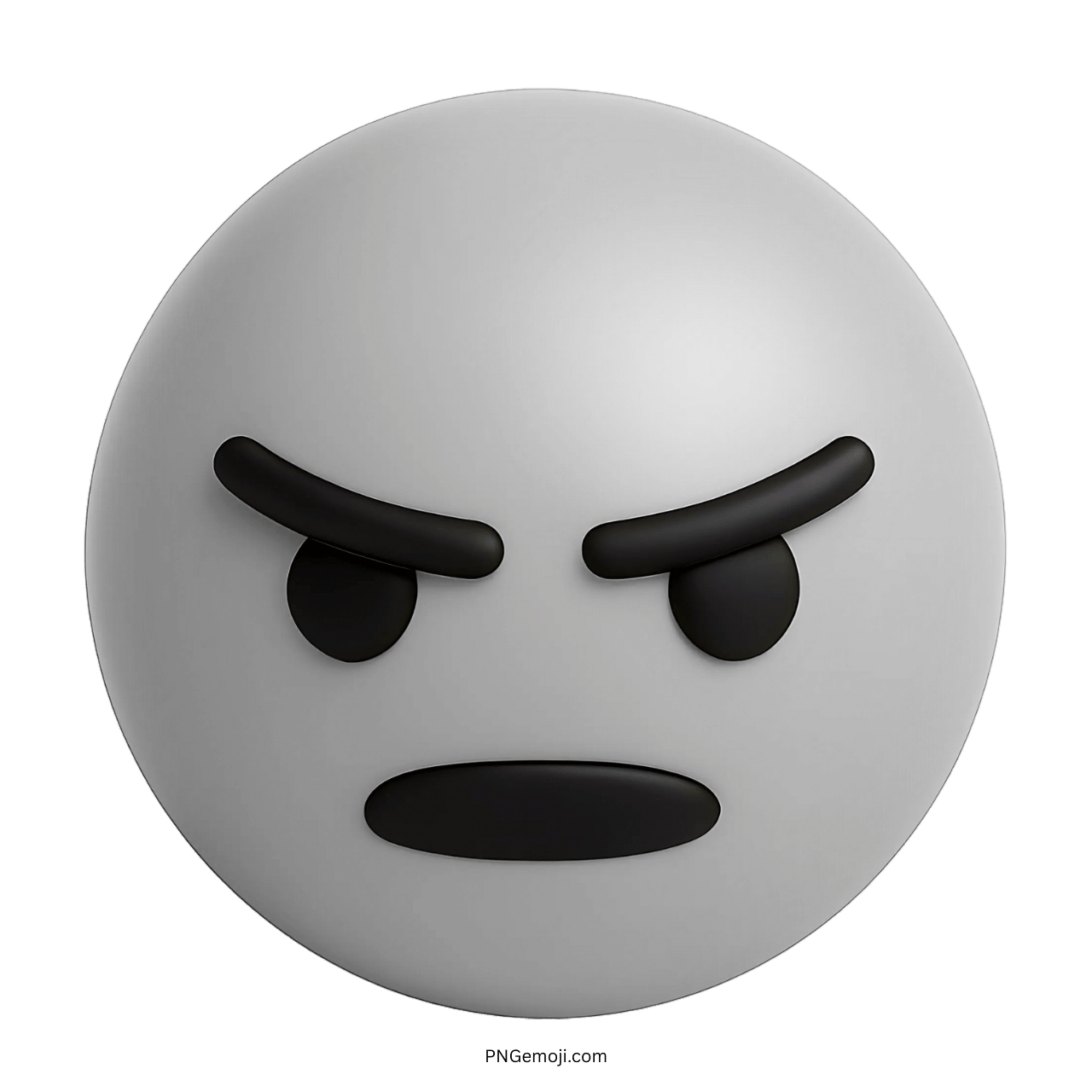3D light gray angry emoji face with frown and arched black eyebrows