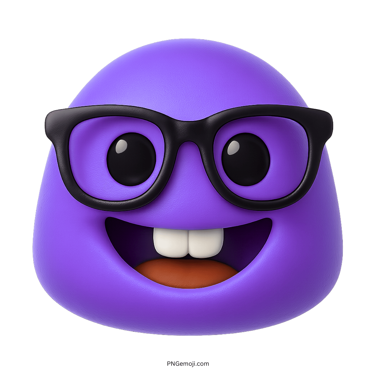 light purple nerd face emoji wearing black glasses smiling with big white teeth