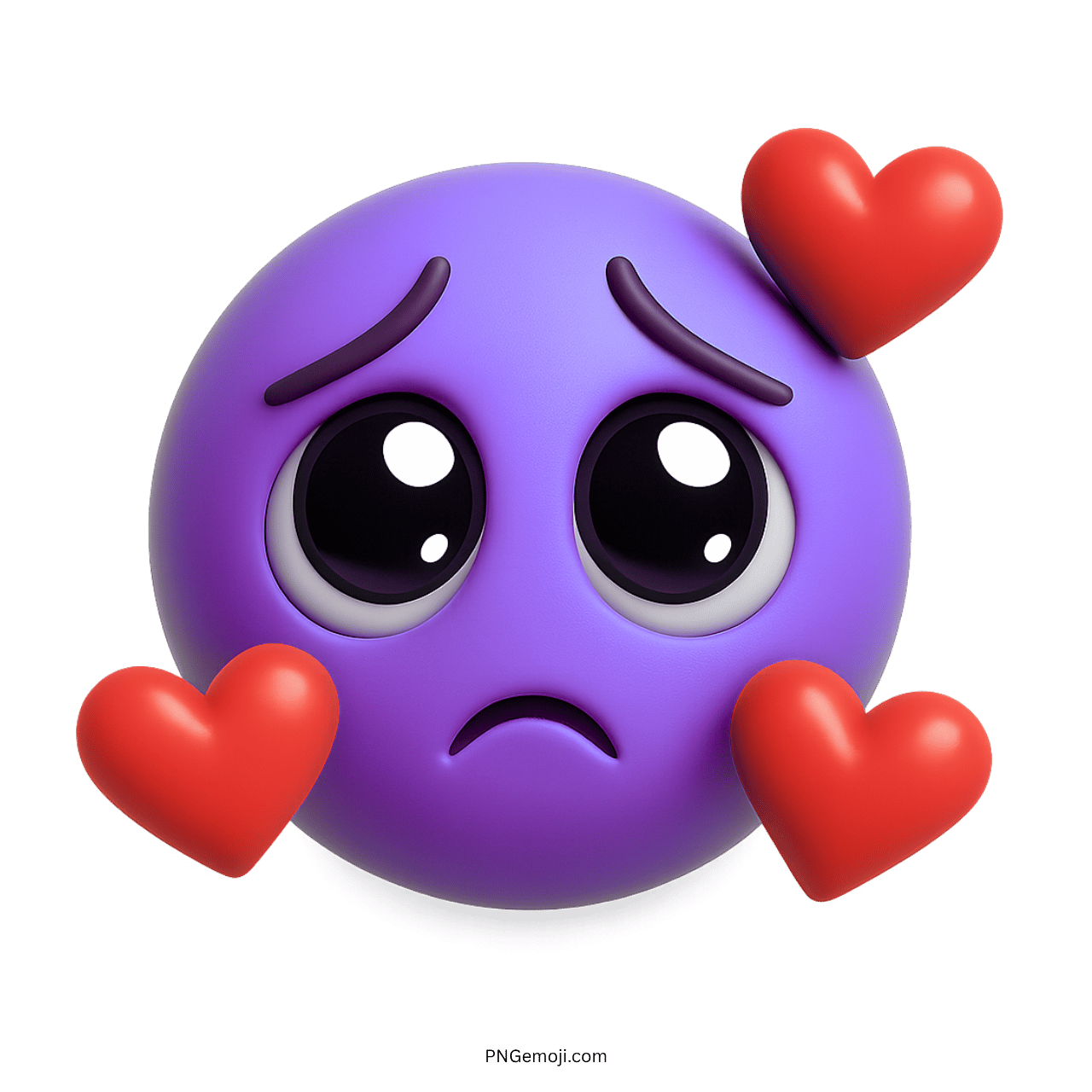 Sad purple emoji with large eyes and floating hearts, symbolizing affection and emotional sadness.