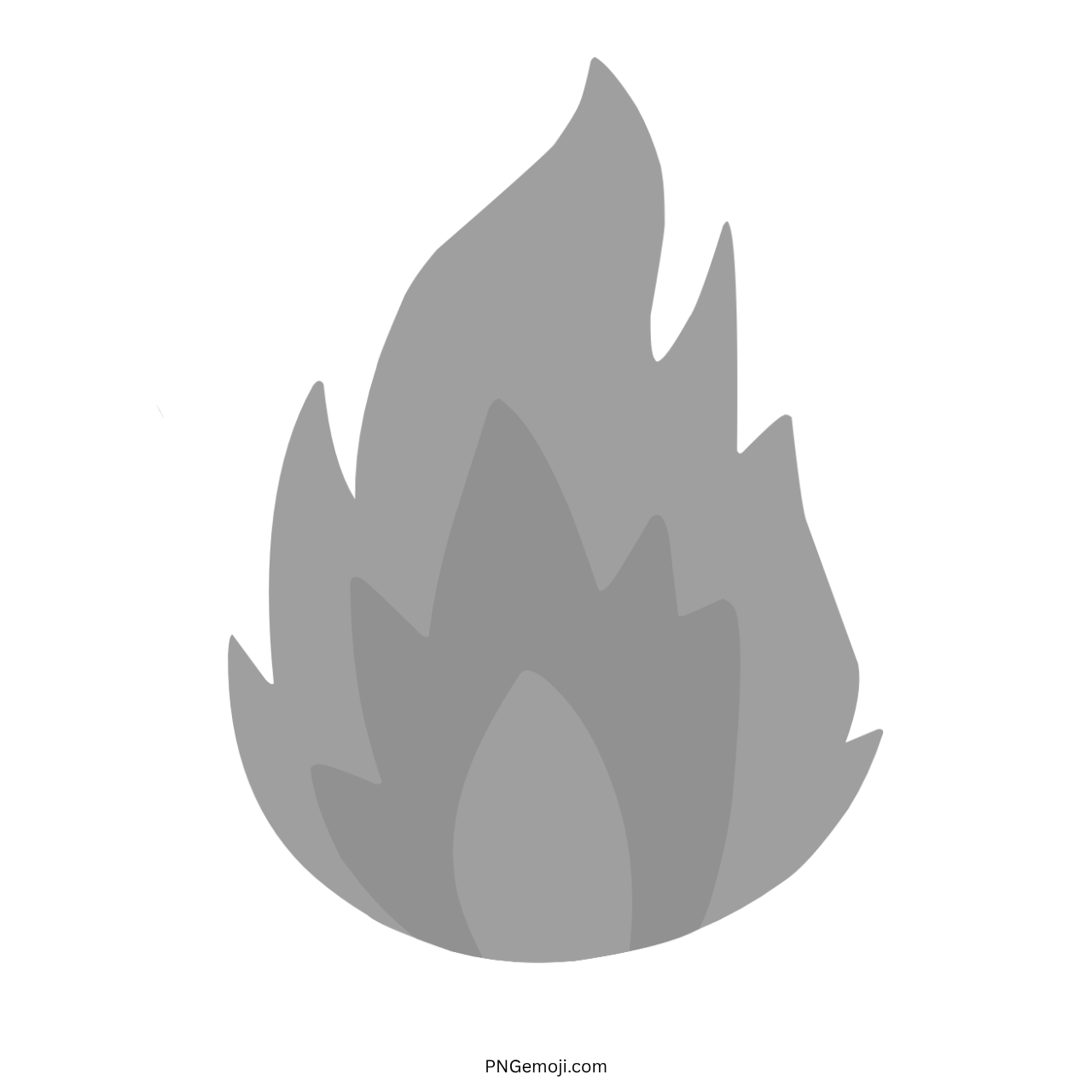 Neutral grey fire flame emoji with transparent background for minimal, somber, or grayscale design themes.