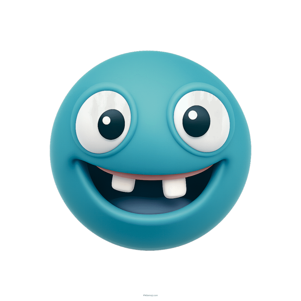 Funny blue smiley emoji with big eyes and missing front teeth
