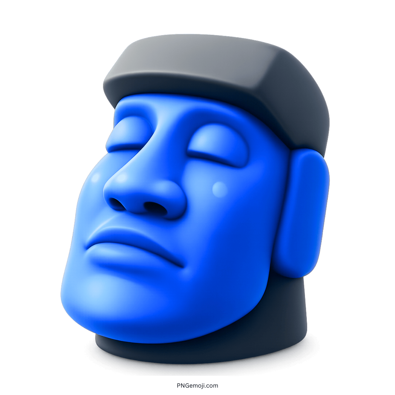 Blue moai emoji stone statue with closed eyes on green background, gray hat, 3D design