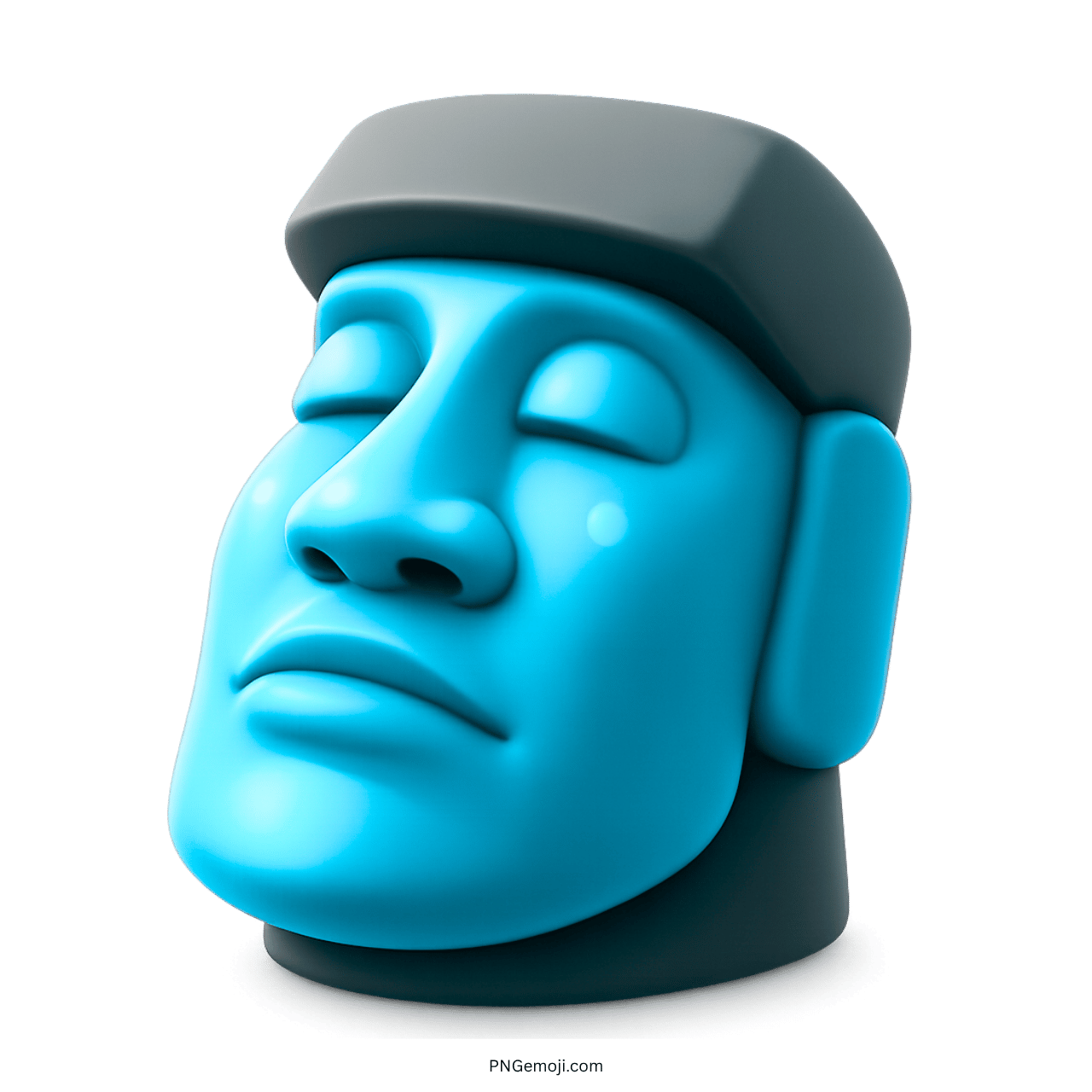 Blue moai emoji stone statue with closed eyes on green background, gray hat, 3D design