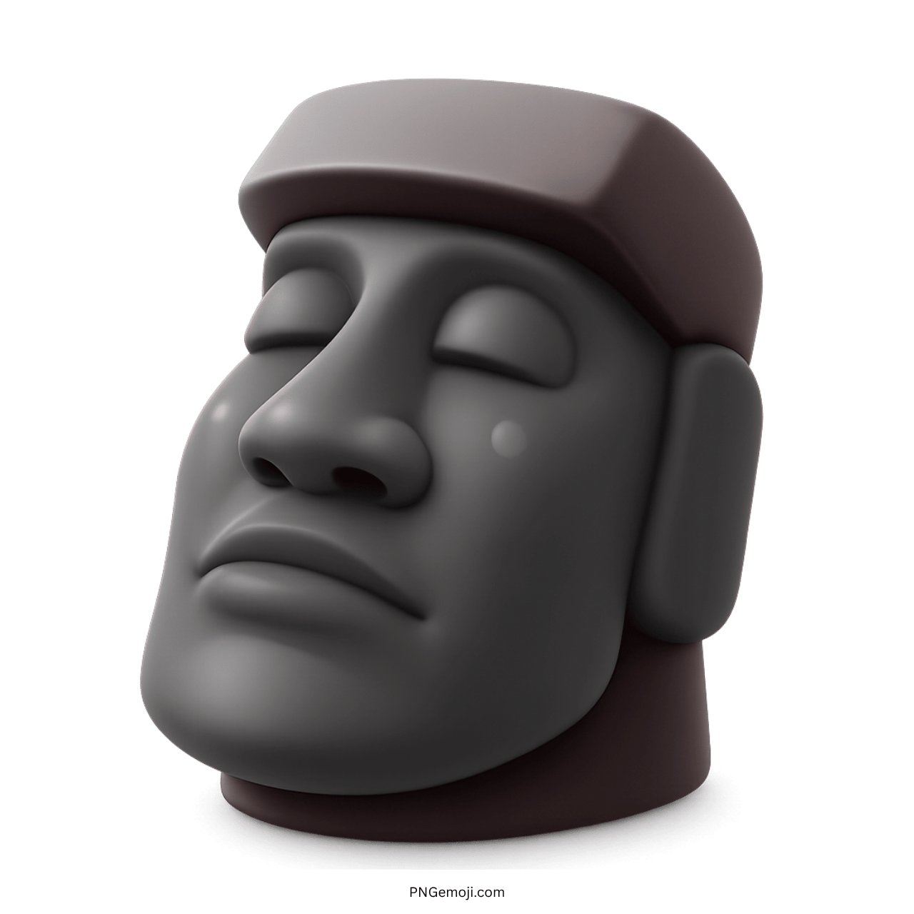 Gray moai emoji stone statue with closed eyes on green background, 3D design, serene expression.