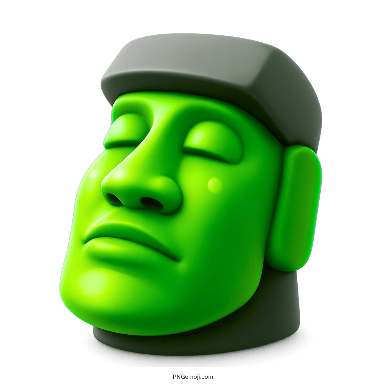Green moai emoji stone statue with closed eyes on green background, gray hat, 3D design.