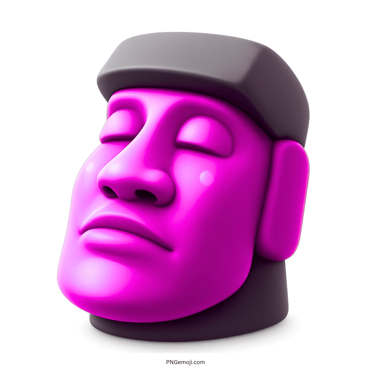 Pink moai emoji stone statue with closed eyes on green background, gray hat, 3D design.