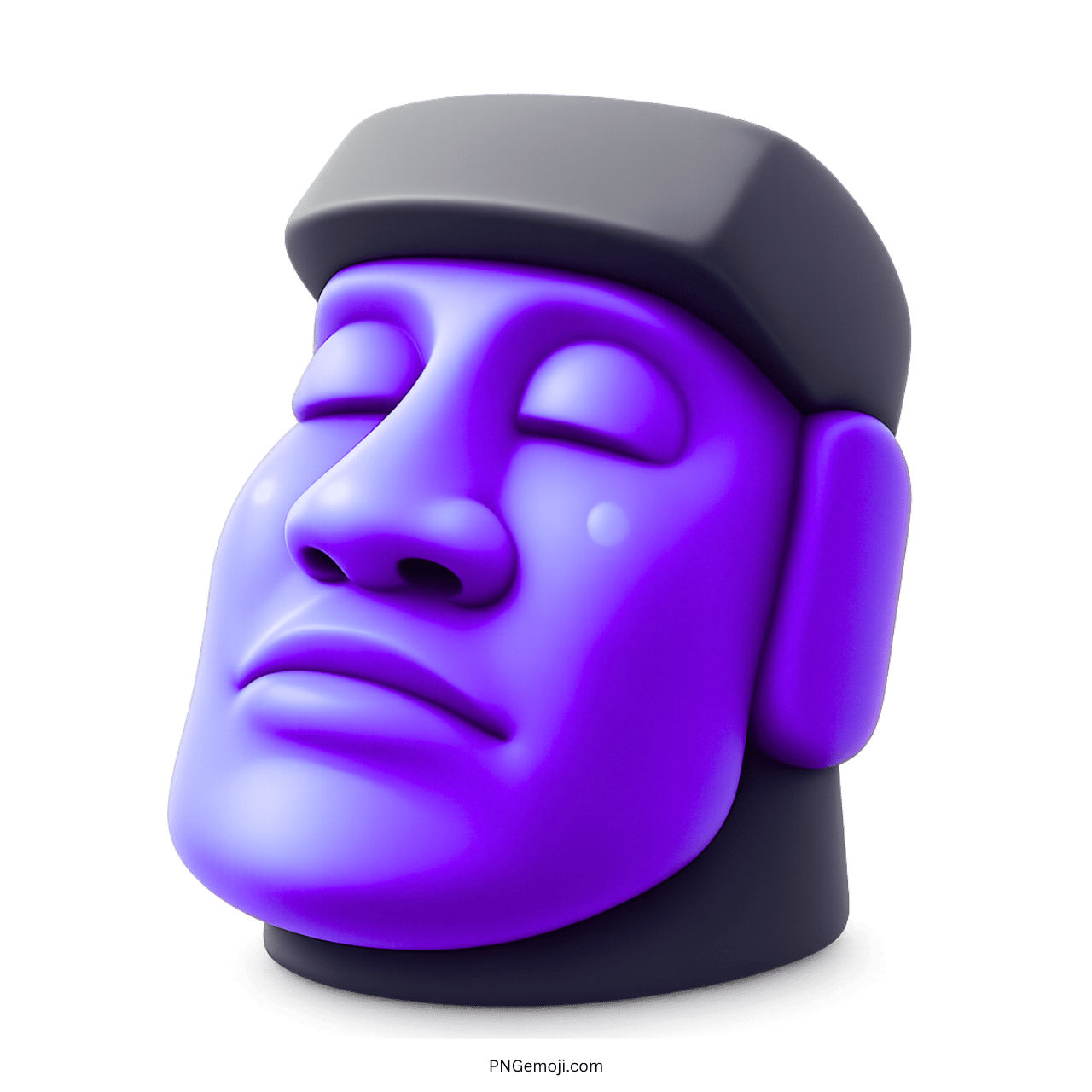 Purple moai emoji stone statue with closed eyes on green background, gray hat, 3D design.