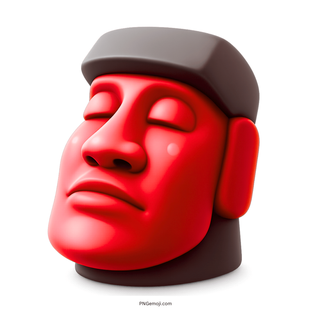 Red moai emoji stone statue with closed eyes on green background, gray hat, 3D design.