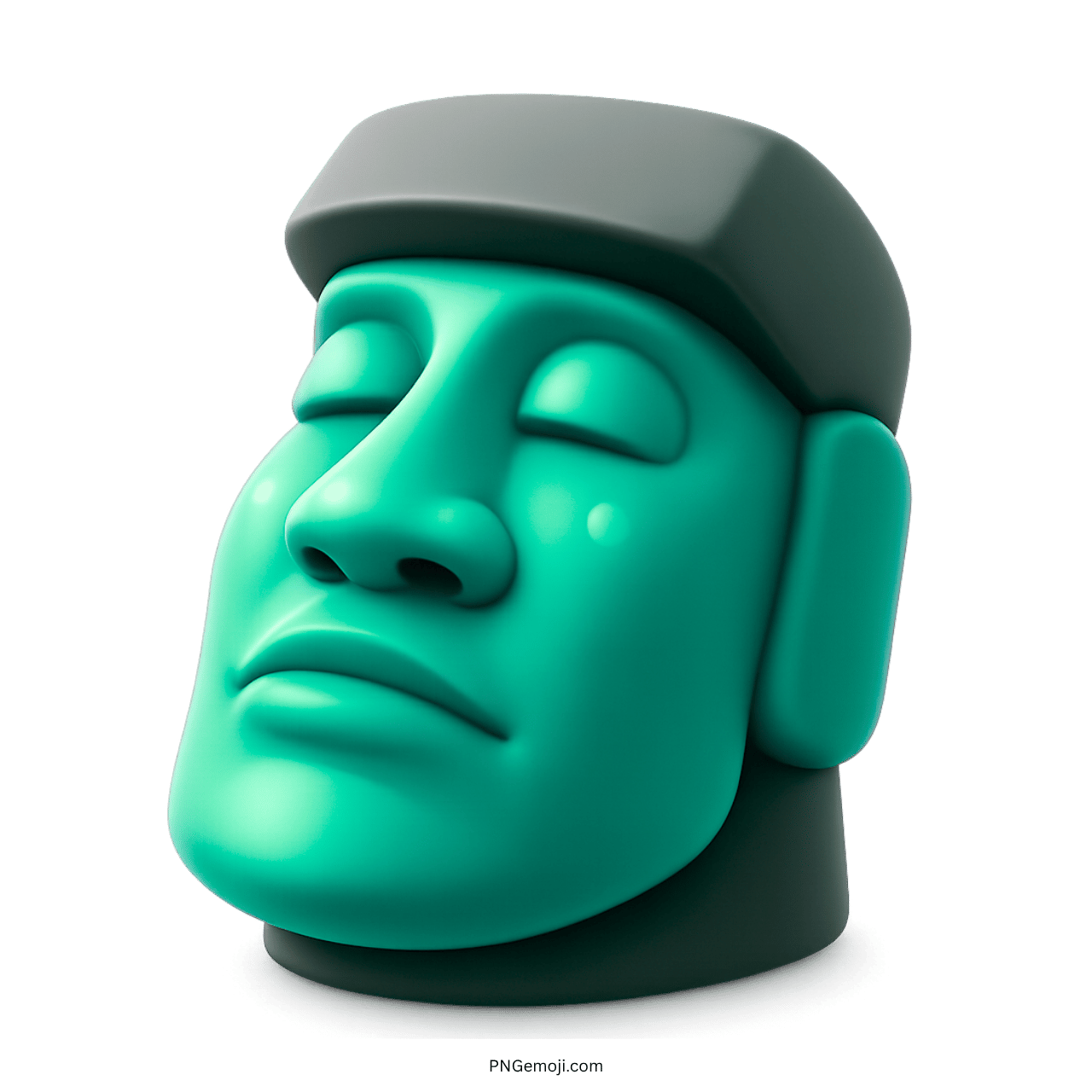 Teal moai emoji stone statue with closed eyes on green background, gray hat, 3D design.