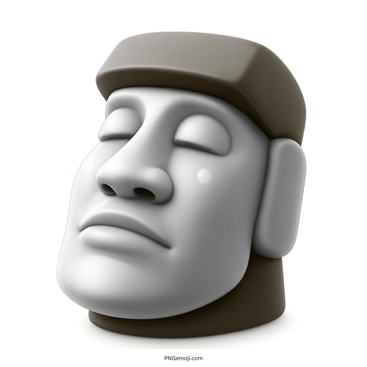 White moai emoji stone statue with closed eyes on green background, gray hat, 3D design.