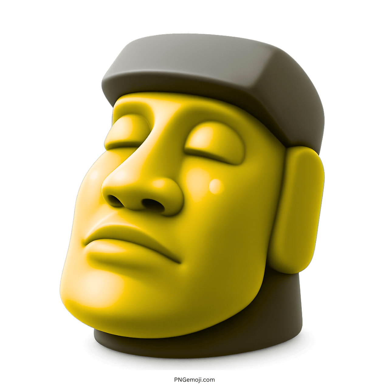 Yellow moai emoji stone statue with closed eyes on green background, gray hat, 3D design.