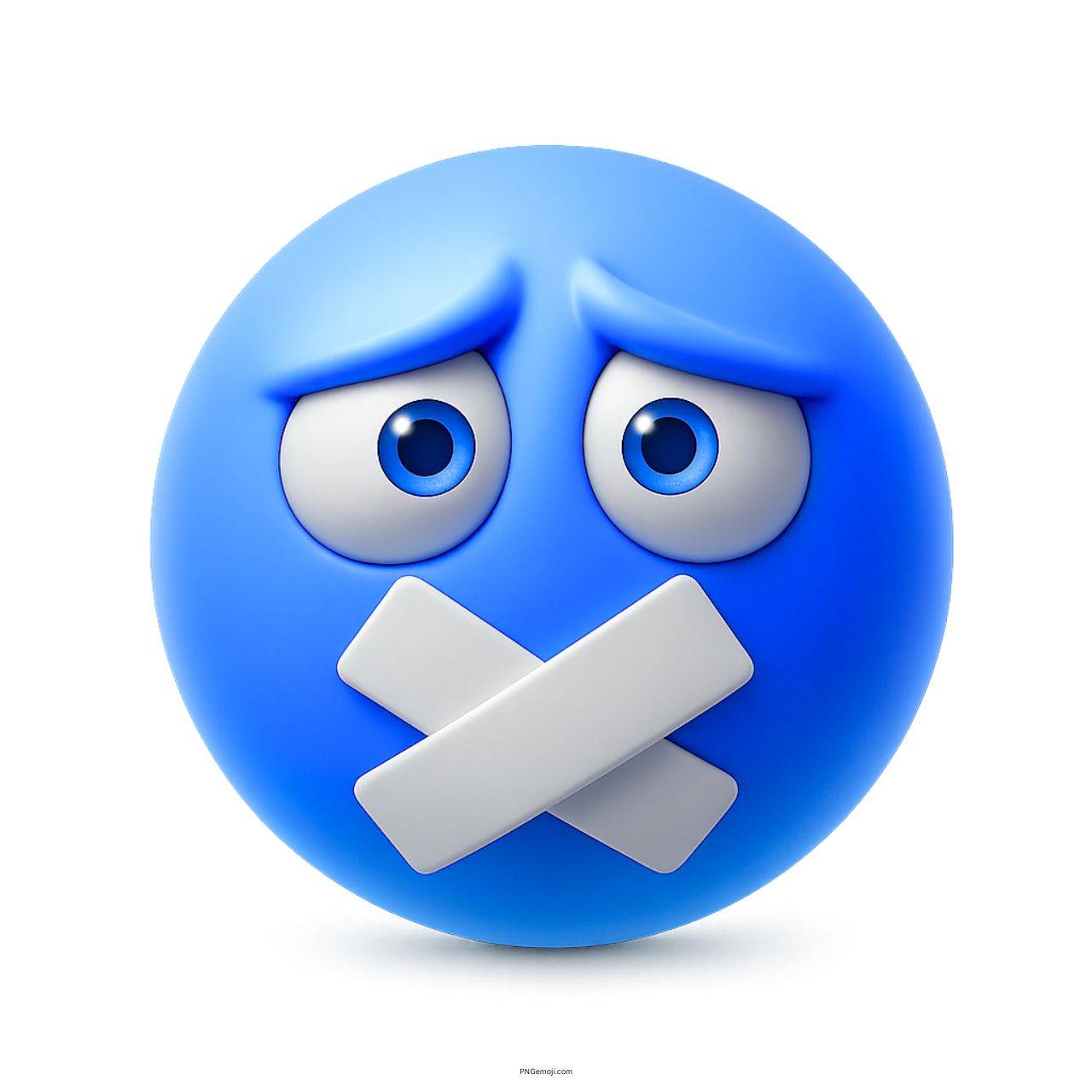 Muted blue smiley emoji with crossed tape mouth and worried facial expression