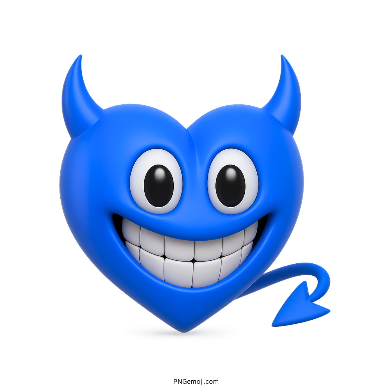 3D naughty blue heart emoji with devil horns, big smile, and curved tail