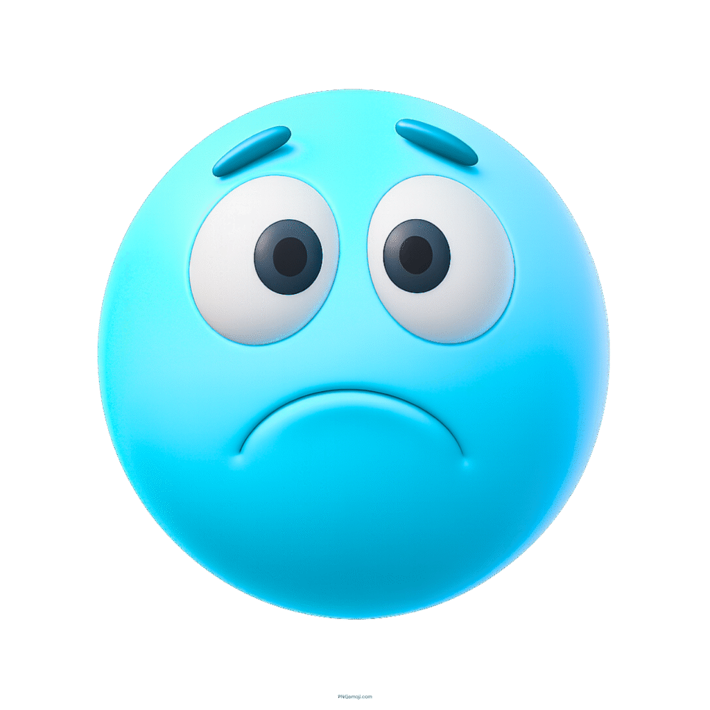 Blue 3D sad face emoji with worried eyes and frown expression