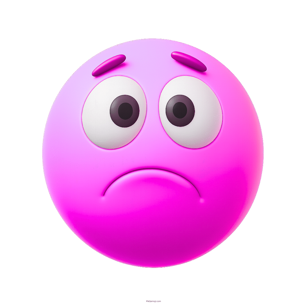 Pink 3D emoji with frowning face and wide sad expressive cartoon eyes