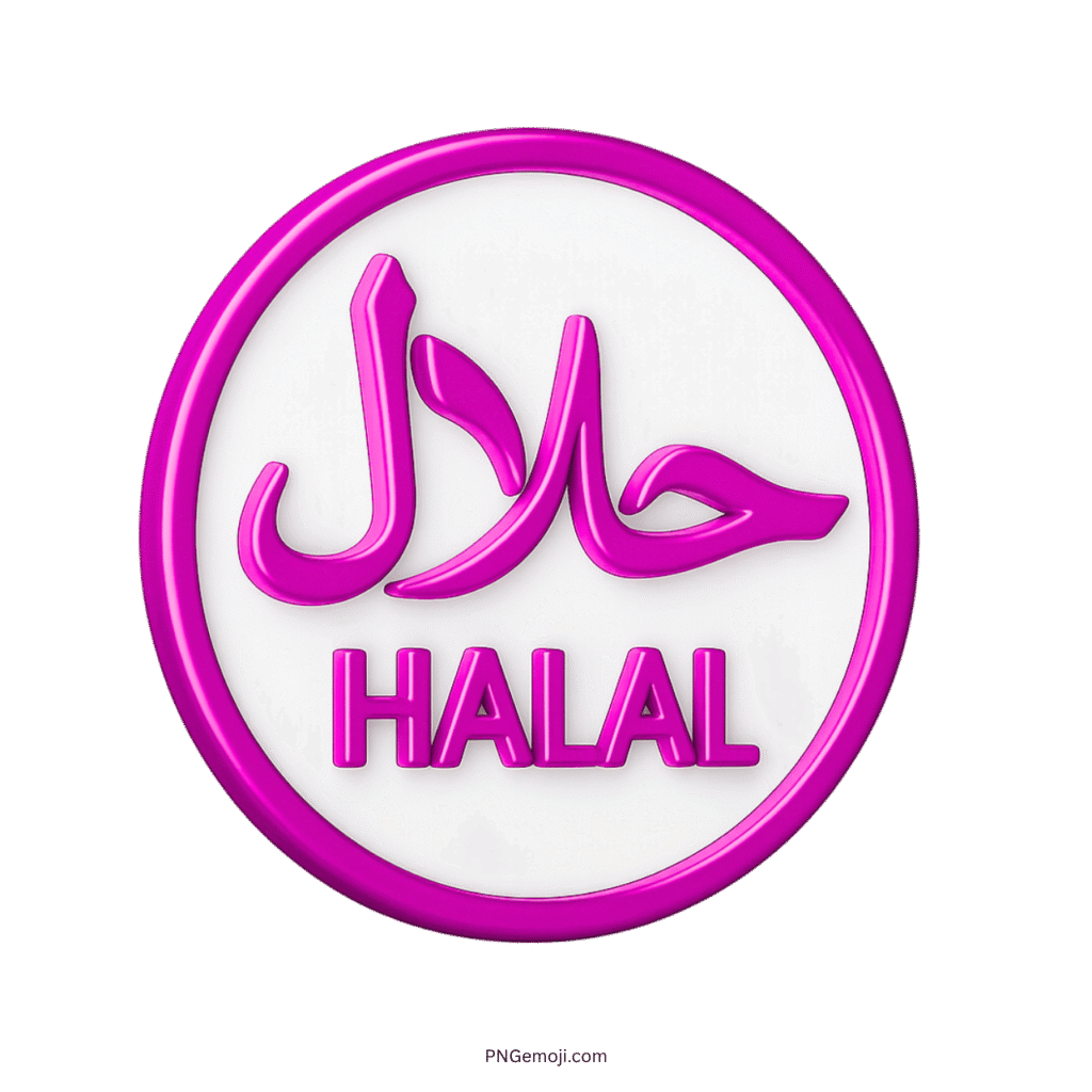 Pink 3D Halal symbol with Arabic and English text in circular badge