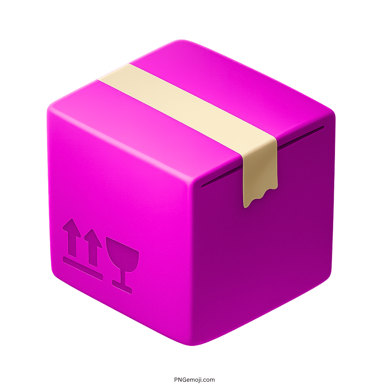 Pink 3D package box emoji with fragile and this side up shipping symbols
