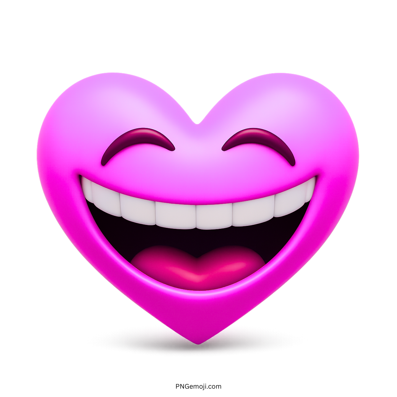 Pink heart emoji with bright wide smile and closed happy eyes in 3D style