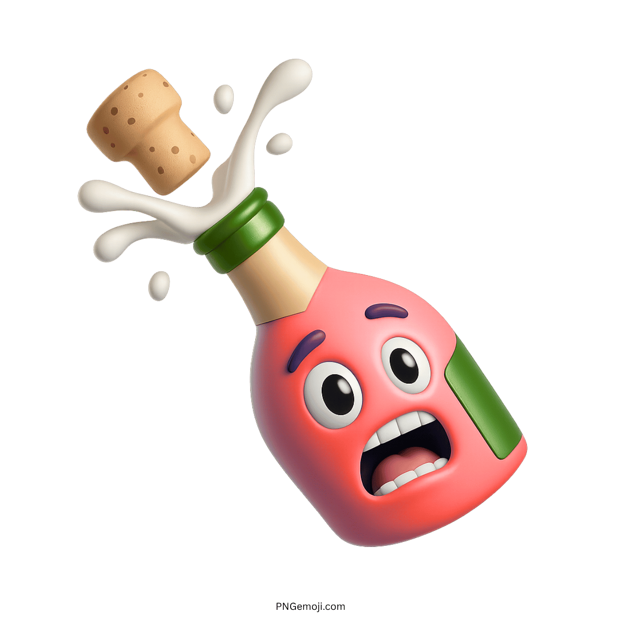 Pink champagne bottle emoji with surprised face and popping cork splash