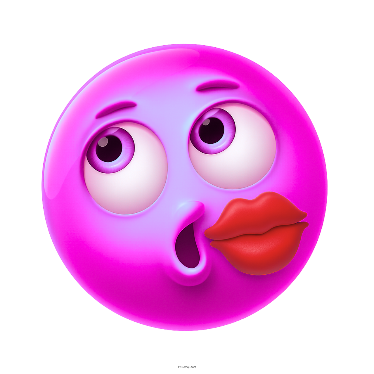 Pink 3D emoji with wide eyes and lipstick kiss mark on cheek cartoon