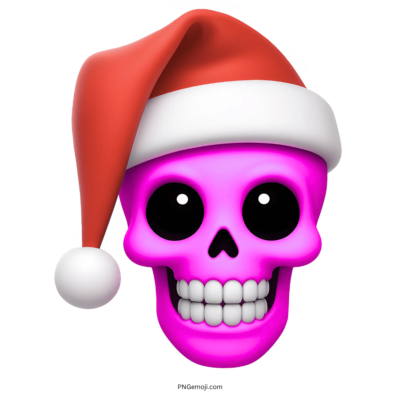 3D pink skull emoji with Santa hat smiling in cartoon holiday style