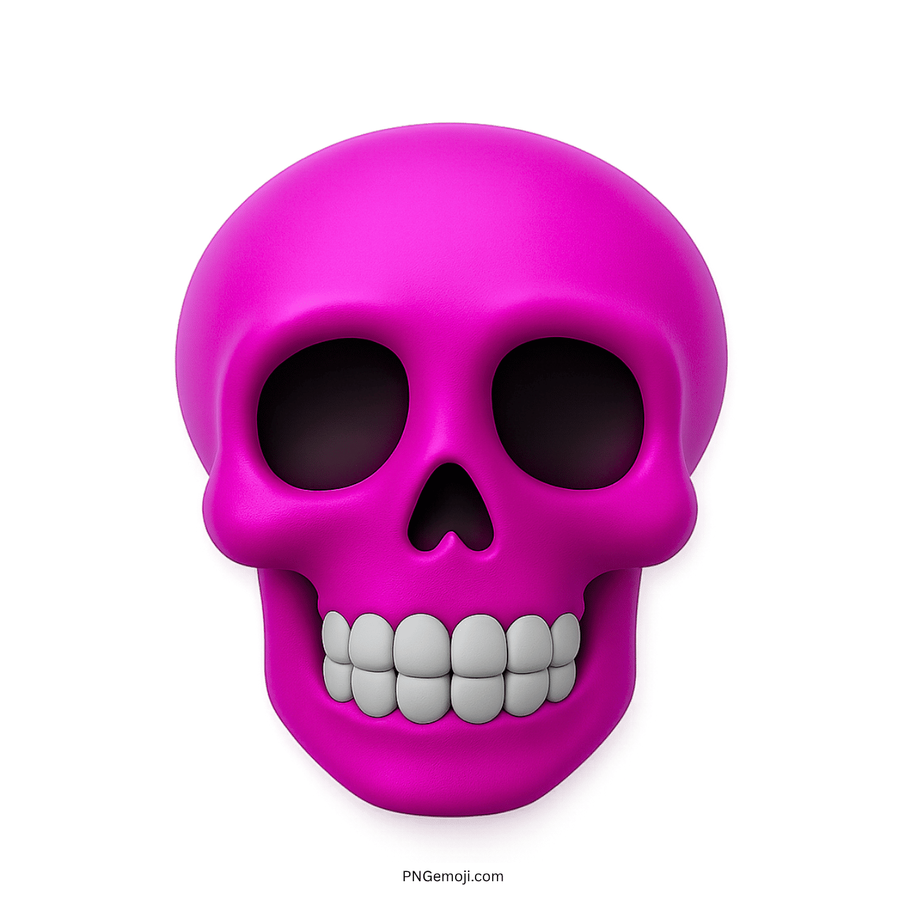 Pink 3D skull emoji with white teeth, cartoonish style for meme use.