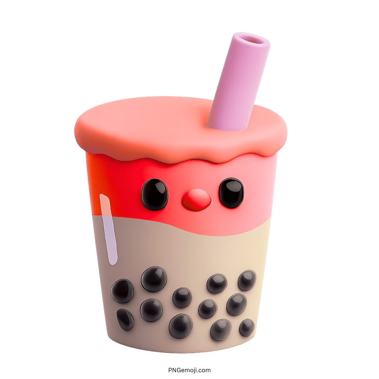 Strawberry pink bubble tea emoji with kawaii face and purple straw PNG