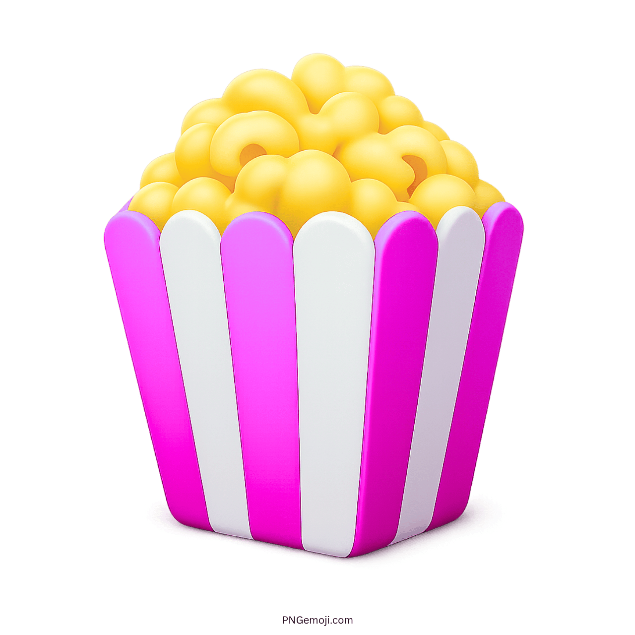 Popcorn emoji in pink and white striped box, fun and playful cinema snack icon.