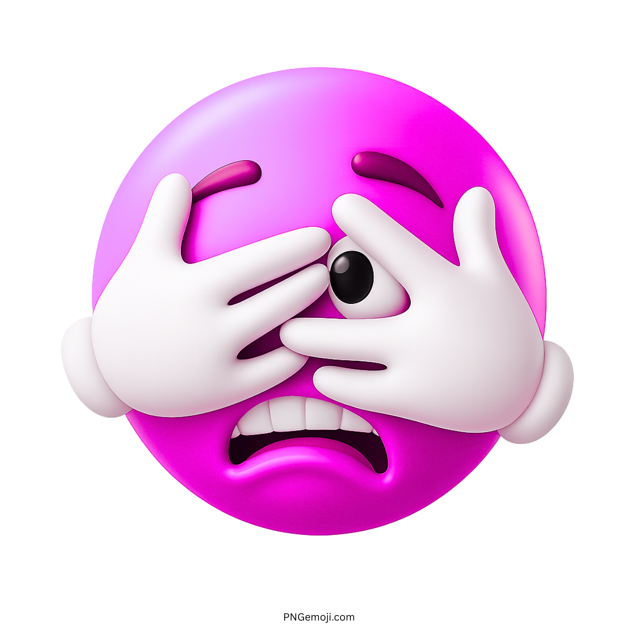 Pink emoji with panicked expression hiding face and peeking nervously through fingers