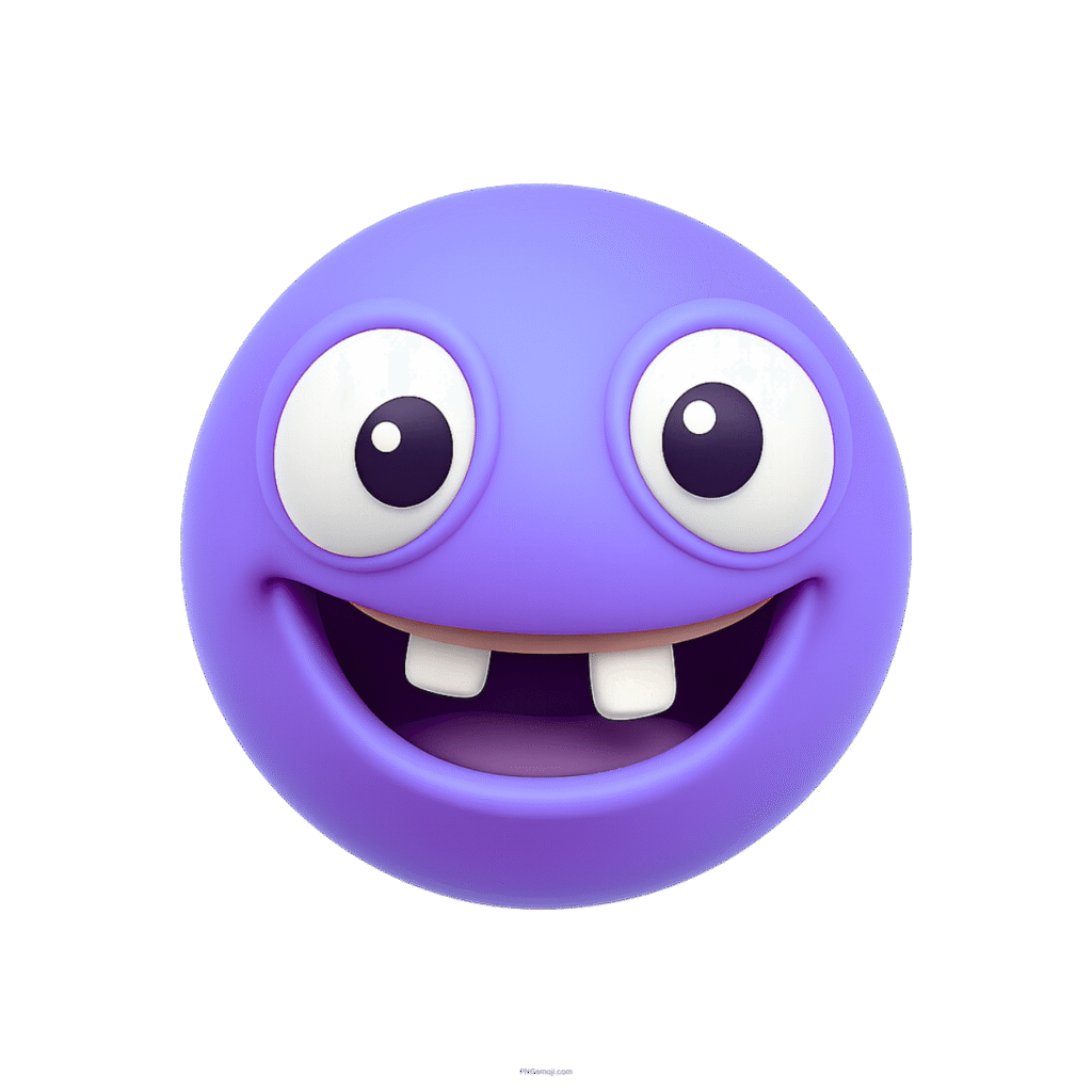 Cute purple 3D emoji with goofy face and two missing front teeth