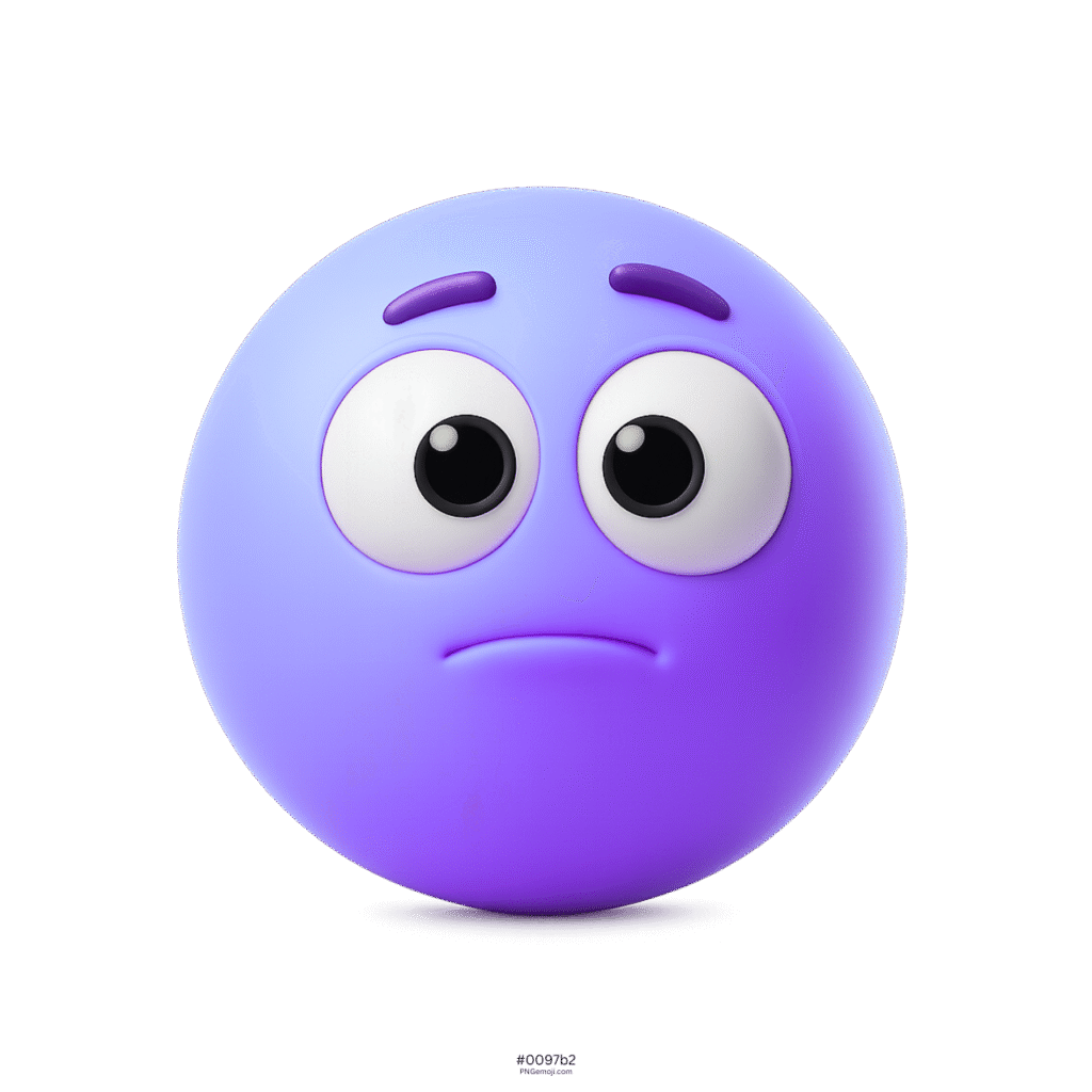 Purple 3D appalled emoji with big eyes and soft frown for reaction