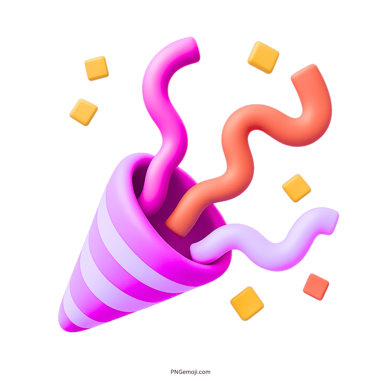 Purple 3D confetti emoji PNG with colorful streamers and transparent festive background