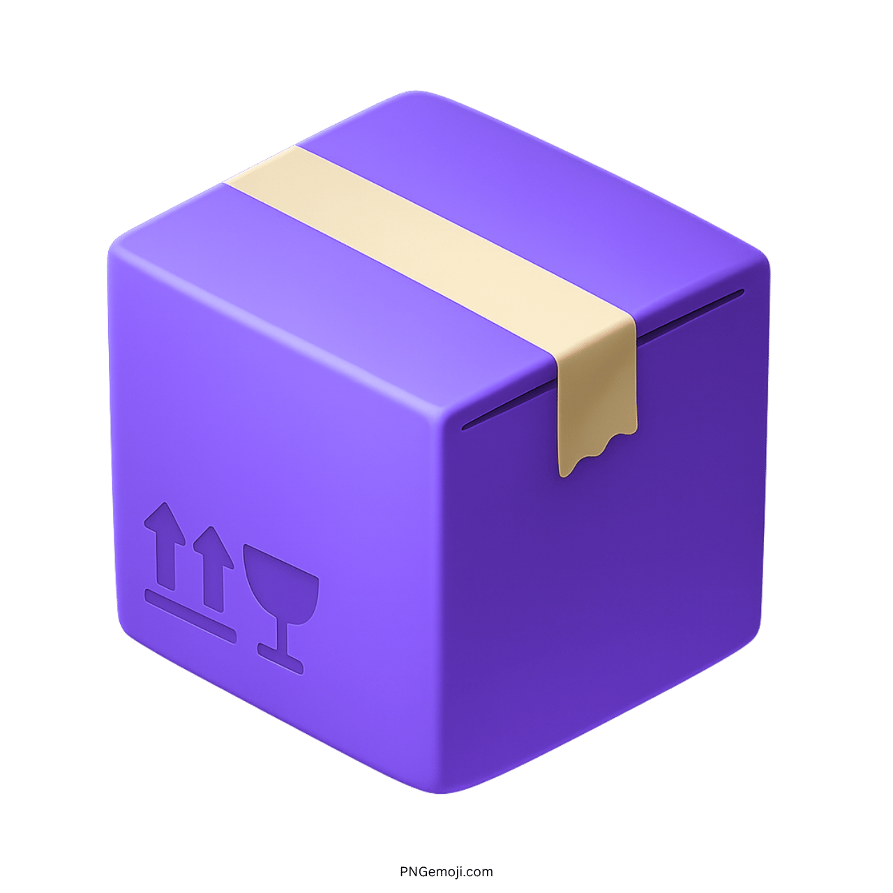 Purple 3D package emoji box with fragile and this way up handling icons
