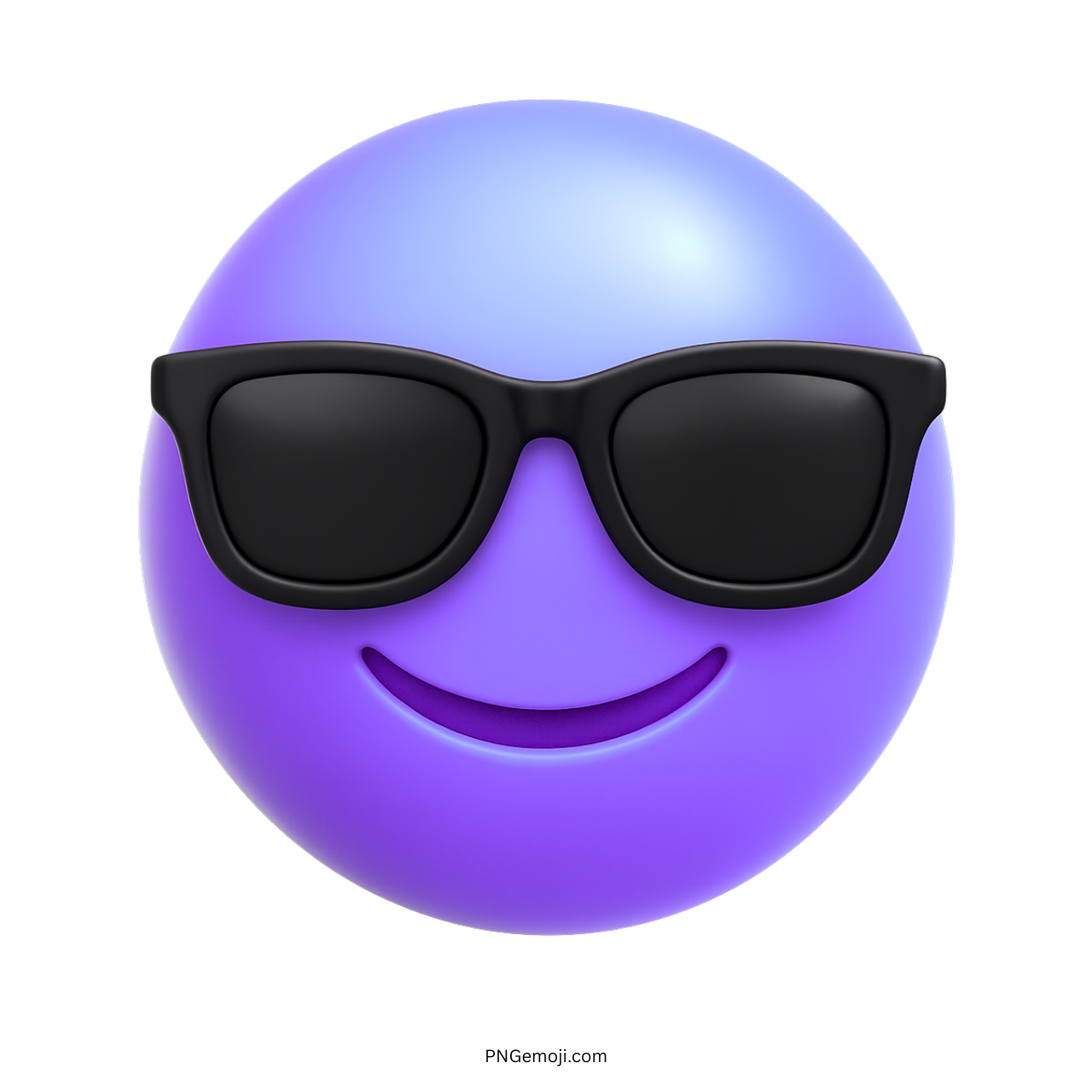 Glossy purple 3D emoji with black sunglasses and a confident smirking smile